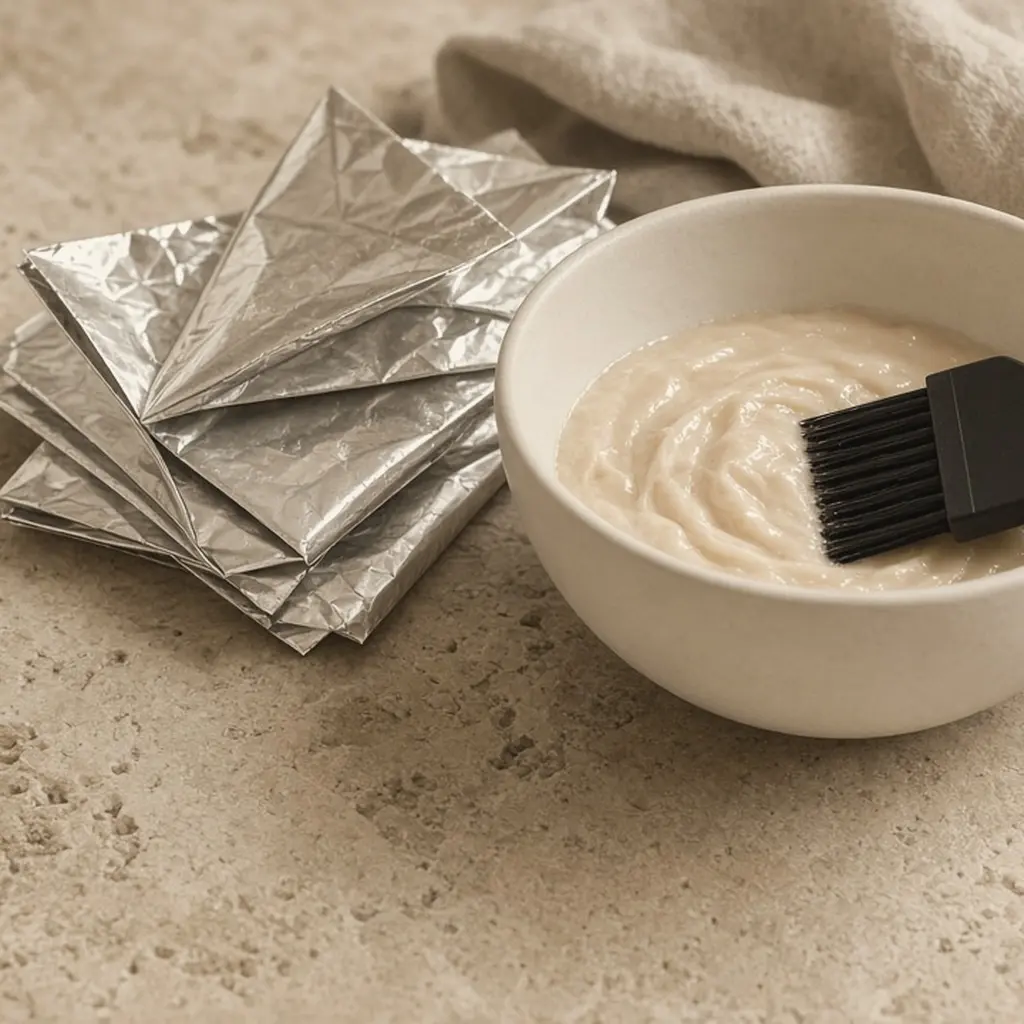 Folded color foils beside an ivory bowl of cream color formula and a tint brush on travertine