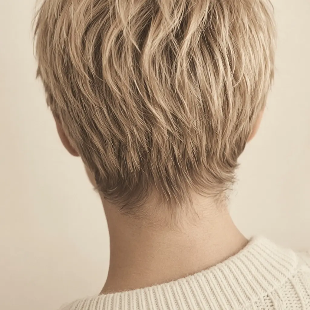 Back view of a finished champagne textured pixie with a tapered nape, above an ivory knit sweater