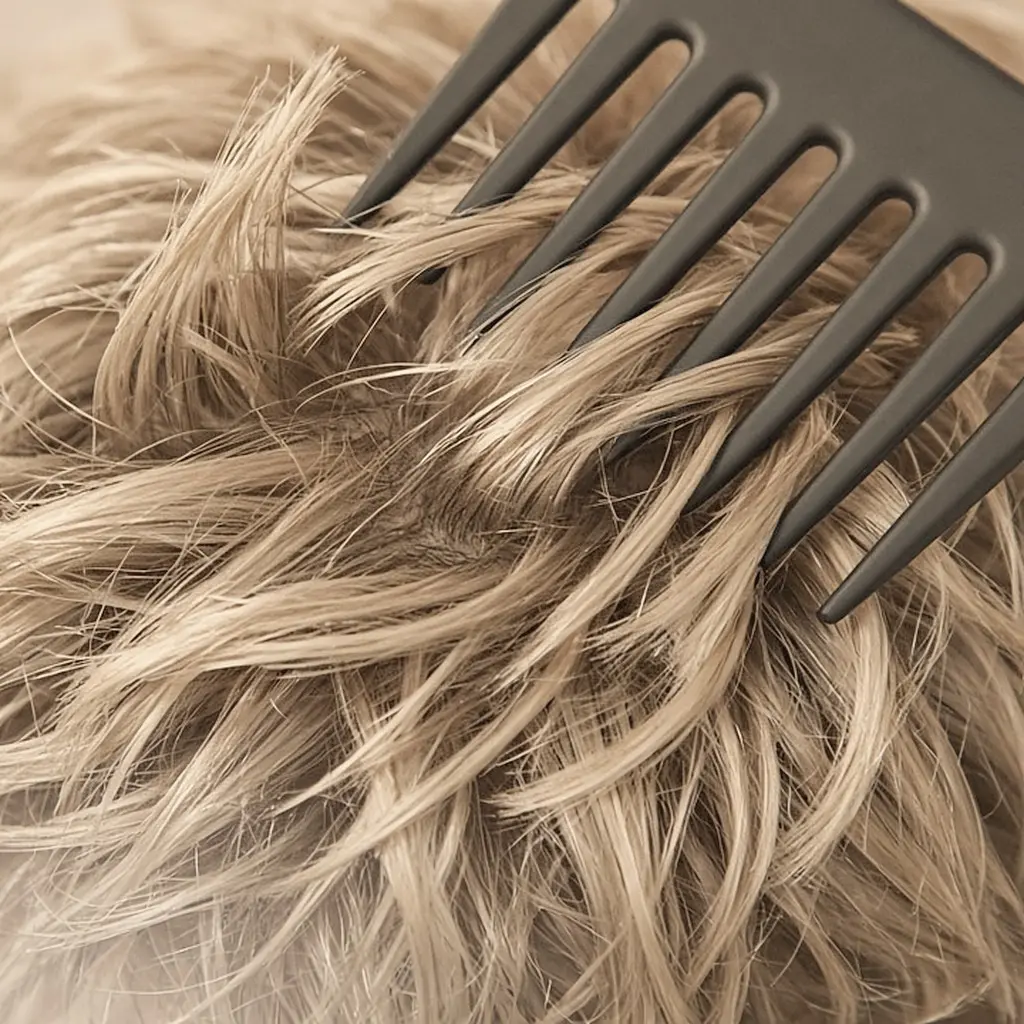 Black wide-tooth comb lifting piecey champagne pixie hair