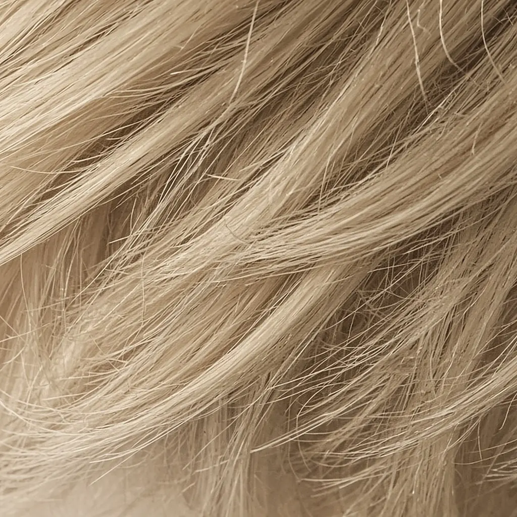 Close-up of piecey, side-swept champagne blonde hair